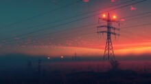 A Serene Sunrise With A Foggy Landscape Features Power Transmission Lines Standing Tall, With The Warm Morning Light Painting The Sky.
