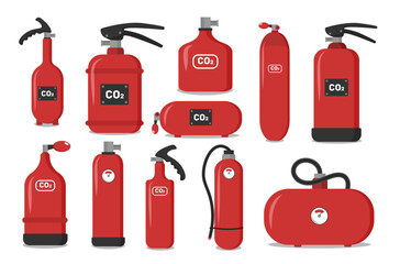 Wall Mural - Autonomous chemical powder foam red flame extinguishers prevent risk fire with spray hose CO2 sticker instructions protecting home. Portable, industrial fire extinguisher firefighter equipment vector.