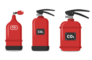 Wall Mural - Autonomous chemical powder foam red flame extinguishers prevent risk fire with spray hose CO2 sticker instructions protecting home. Portable, industrial fire extinguisher firefighter equipment vector.