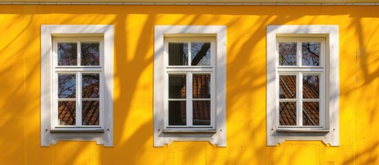 The yellow building stands out with three windows and white trim under the bright sunlight of a spring day. The vibrant colors create a cheerful and inviting atmosphere.