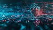 Digital representation of a human heart with glowing elements on a technological background.