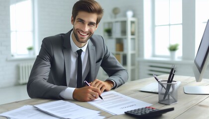 Portrait of a young businessman working with documents and an invoice while seated at a desk in the office and grinning at the camera