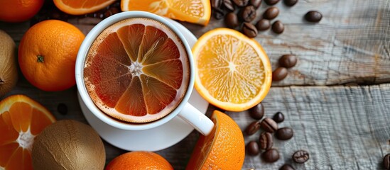 A ceramic cup filled with steaming hot coffee sits amidst vibrant oranges and aromatic coffee beans. The contrast of the rich, dark coffee against the bright citrus fruits creates a visually appealing