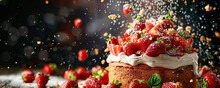 Strawberry Cake with Whipped Cream and Festive Garnish