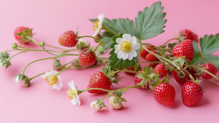 Wall Mural - beautiful fresh ripe wild strawberries on the brunch with white flowers on pink background in studio