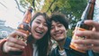 © shelbys - A happy couple enjoying a beer together outdoors. Fictional Character Created By Generated By Generated AI.