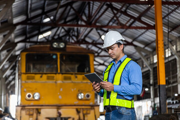 Wall Mural - Man railway technician engineer wearing safety uniform and safety helmet holding tablet standing at site railroad station. Locomotive repairman in factory.