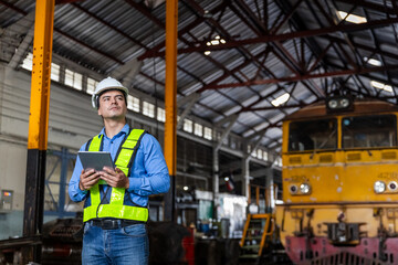 Wall Mural - Man railway technician engineer wearing safety uniform and safety helmet holding tablet standing at site railroad station. Locomotive repairman in factory.