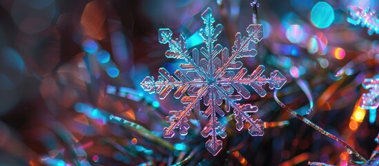 Poster - A detailed snowflake glistens on a tree branch, showcasing its unique crystalline pattern against a dark backdrop. The intricate design of the snowflake contrasts beautifully with the rough bark of