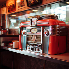 Sticker - A retro jukebox in a classic diner. 