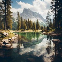 Wall Mural - A serene mountain lake surrounded by trees. 