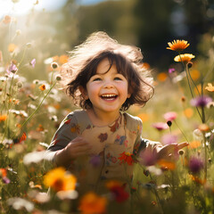 Wall Mural - A smiling child playing in a field of wildflowers.