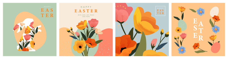 Wall Mural - happy easter set of greeting cards, posters, holiday covers. trendy design with typography, spring h
