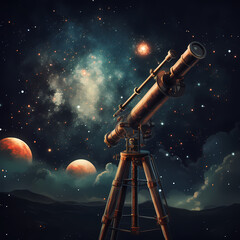 Poster - A telescope pointing at the night sky with stars above