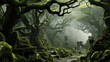 Enchanting misty forest with gnarled trees, vines, and mysterious creatures lurking in shadows