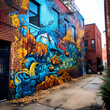 Vibrant street art on a brick wall in a city alley 
