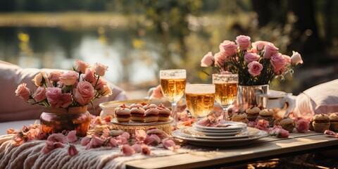 Wall Mural - summer table in nature with snacks, wine and fresh flowers.
Concept: catering for picnics and feasts, organizing weddings and outdoor events.