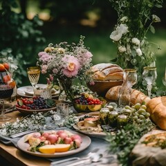 Wall Mural - summer table in nature with snacks, wine and fresh flowers.
Concept: catering for picnics and feasts, organizing weddings and outdoor events.