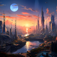 Poster - A futuristic cityscape at sunset.