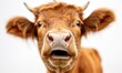 Suprised brown cow looking at camera with mouth open