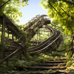 Canvas Print - Abandoned roller coaster in an overgrown amusement park