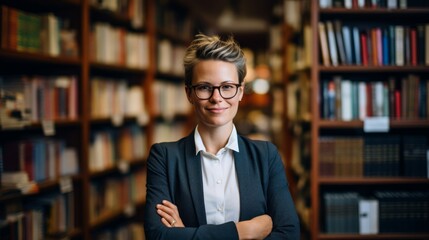 Canvas Print - Dedicated politologist surrounded by political theory books warm lighting