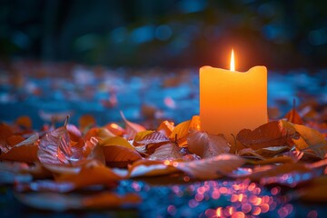 A warm candle light glowing tranquil among colorful fallen leaves creates a cozy autumn ambiance