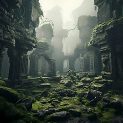 Poster - Ancient ruins with moss-covered stones in a mystical forest.