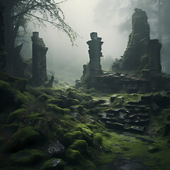 Wall Mural - Ancient ruins with moss-covered stones in a mystical forest.