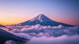 Fototapeta Zachód słońca - Beautiful japanese Fuji mountain volcano Japan Fujisan sunrise view landscape in autumn at golden hour purple sunset with clouds