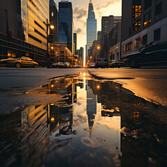 Canvas Print - Reflections of skyscrapers in a puddle.