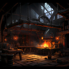 Sticker - Rustic blacksmith workshop with glowing hot metal.