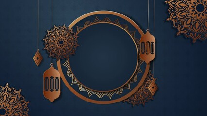 Wall Mural - dark ramadan background with Animated mandalas, Islamic patterns, and gracefully swaying lanterns dance against an Islamic blank space background