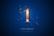 © greens87 - 1st Anniversary celebration greeting card. Rose Gold metallic Number 1 with sparkling confetti on dark blue background. Design template for birthday or wedding party event decoration.