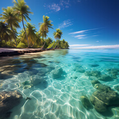 Wall Mural - Tropical beach with crystal-clear water and palm trees