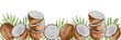Watercolor banner of coconuts. Coconut halves and parts, palm leaves, hand painted on paper, white background, for design, frame, recipes, cosmetics, postcard, invitation, backgrounds