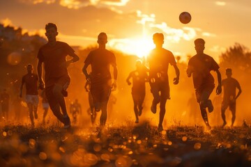 Wall Mural - Energetic soccer players in a match during a vibrant, fiery sunset creating silhouettes and dynamic shadows