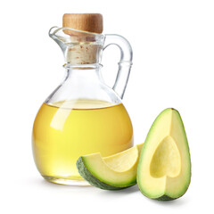 Wall Mural - Bottle of avocado oil and fresh avocado pieces on white background
