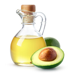 Wall Mural - Bottle of avocado oil and fresh avocado halves on white background