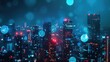 © Togrul - City lights at night with a blue tint and glowing blue and red orbs floating in the foreground.