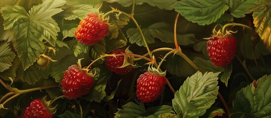 Canvas Print - A cluster of ripe strawberries can be seen growing abundantly on a bush, showcasing their vibrant red color and plump size. The strawberries are surrounded by healthy green leaves and stems