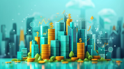 Poster - financial landscape of rising bar graphs and stacked coins amidst lush greenery, symbolizing economic growth, sustainability, and prosperous investment strategies in a vibrant, eco-friendly setting