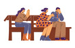 People pray sitting on benches of the church, flat vector illustration isolated.