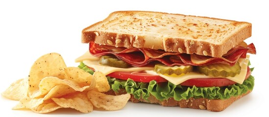 Wall Mural - A detailed view of a sandwich filled with bologna, cheese, lettuce, and tomato, accompanied by a side of crunchy chips. The sandwich is garnished with pickles, creating a delicious and satisfying meal