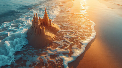 As the day wanes, a majestic sandcastle, kissed by the golden hour light, stands guard over the gently lapping waves, capturing the fleeting magic of seaside whimsy