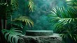 On a stone plinth, green products are highlighted against a backdrop of tropical leave