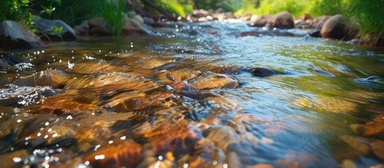 Sticker - A stream meanders through a dense forest filled with vibrant green foliage. The water flows steadily, creating a soothing sound as it moves over rocks and fallen branches. Sunlight filters through the