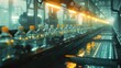 Plastic water bottle manufacturing line in a factory, illuminated by bright lights.
