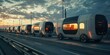 Autonomous electric pods in convoy at sunset. Futuristic city transportation concept. Smart public transit solution for design and advertising