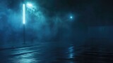Fototapeta Przestrzenne - Dark empty scene, blue neon searchlight light, wet asphalt, smoke, night view, rays.